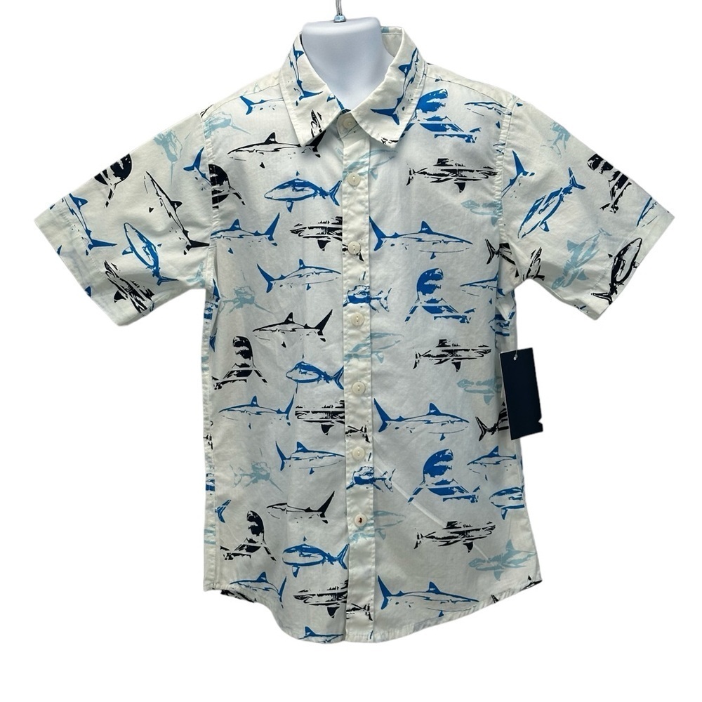 Univibe Boys Short Sleeve Shark Print Button Down Shirt - White Blue -size Small